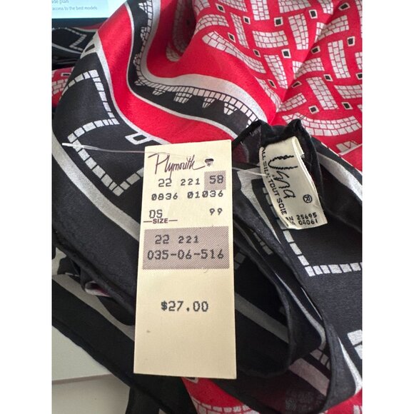 Vintage Vera Neumann Black Red Silver Grid Scarf - 28" Silk New with Tags - Picture 8 of 8
